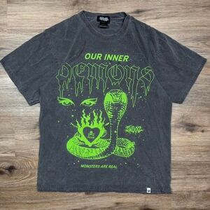 grey acid washed streetwear style green graphic heavyweight tee